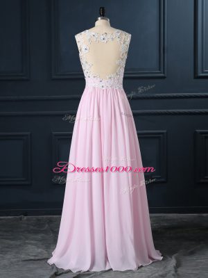 Spectacular Floor Length Baby Pink Prom Dresses Straps Cap Sleeves Backless