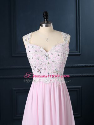 Spectacular Floor Length Baby Pink Prom Dresses Straps Cap Sleeves Backless