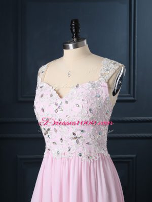 Spectacular Floor Length Baby Pink Prom Dresses Straps Cap Sleeves Backless