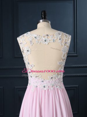 Spectacular Floor Length Baby Pink Prom Dresses Straps Cap Sleeves Backless