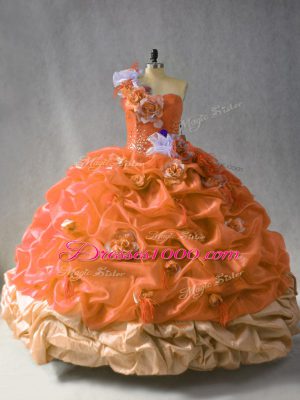 Cute Rust Red Lace Up One Shoulder Beading and Pick Ups and Hand Made Flower Sweet 16 Dresses Organza Sleeveless
