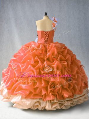 Cute Rust Red Lace Up One Shoulder Beading and Pick Ups and Hand Made Flower Sweet 16 Dresses Organza Sleeveless