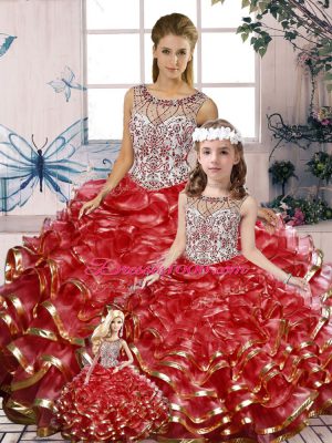 Beautiful Scoop Sleeveless Quinceanera Gown Floor Length Beading and Ruffles Red Organza
