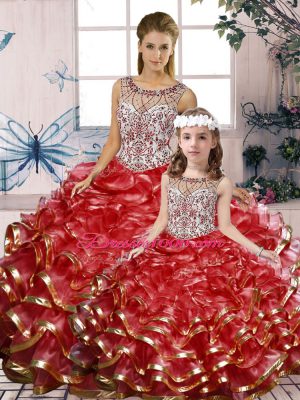 Beautiful Scoop Sleeveless Quinceanera Gown Floor Length Beading and Ruffles Red Organza