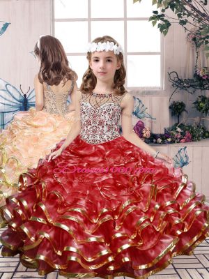 Beautiful Scoop Sleeveless Quinceanera Gown Floor Length Beading and Ruffles Red Organza