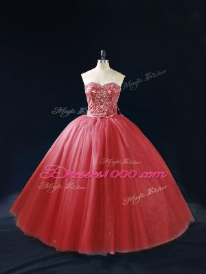 Best Selling Red Sweetheart Lace Up Beading Quince Ball Gowns Sleeveless