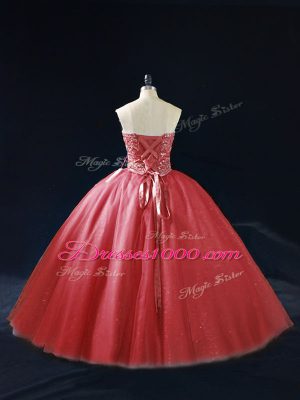 Best Selling Red Sweetheart Lace Up Beading Quince Ball Gowns Sleeveless