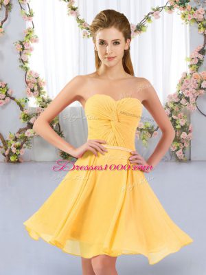 Elegant Gold Empire Ruching Bridesmaids Dress Lace Up Chiffon Sleeveless Mini Length