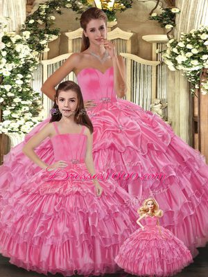 Organza Sweetheart Sleeveless Lace Up Ruffled Layers Quinceanera Gown in Rose Pink