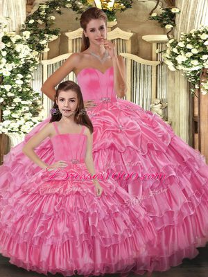 Organza Sweetheart Sleeveless Lace Up Ruffled Layers Quinceanera Gown in Rose Pink