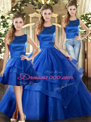 Fashionable Royal Blue Lace Up Vestidos de Quinceanera Ruffled Layers Sleeveless Floor Length