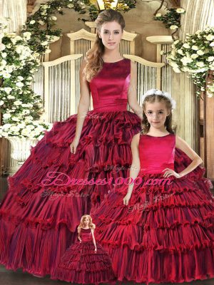 Wine Red Ball Gowns Ruffled Layers Sweet 16 Quinceanera Dress Lace Up Organza Sleeveless Floor Length