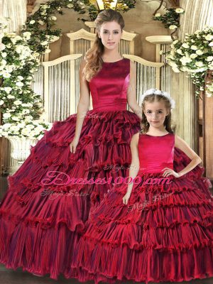 Wine Red Ball Gowns Ruffled Layers Sweet 16 Quinceanera Dress Lace Up Organza Sleeveless Floor Length