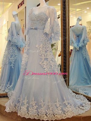 Edgy Light Blue Prom Gown Prom and Party and Military Ball with Lace and Appliques and Belt Scoop Long Sleeves Court Train Lace Up