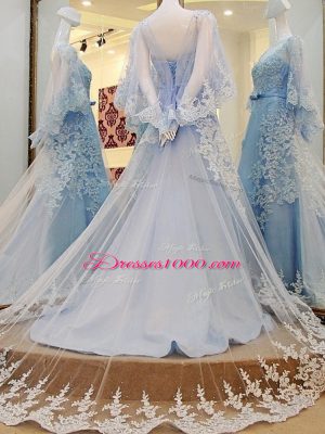 Edgy Light Blue Prom Gown Prom and Party and Military Ball with Lace and Appliques and Belt Scoop Long Sleeves Court Train Lace Up