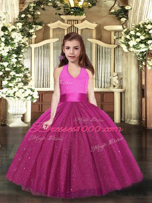 Top Selling Ruching Little Girls Pageant Gowns Fuchsia Lace Up Sleeveless Floor Length