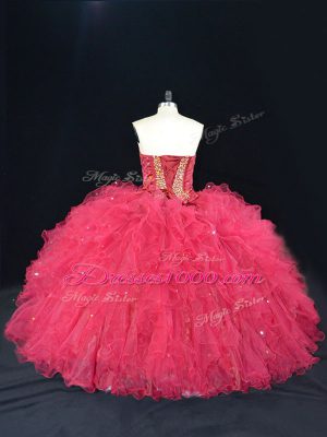 Top Selling Sweetheart Sleeveless Lace Up Ball Gown Prom Dress Coral Red Tulle