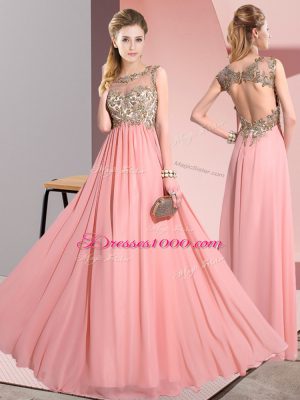 Scoop Sleeveless Bridesmaid Gown Floor Length Beading and Appliques Pink Chiffon
