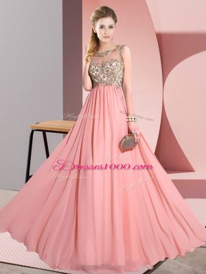 Scoop Sleeveless Bridesmaid Gown Floor Length Beading and Appliques Pink Chiffon