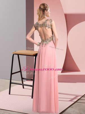 Scoop Sleeveless Bridesmaid Gown Floor Length Beading and Appliques Pink Chiffon