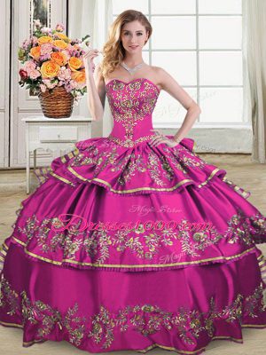 Free and Easy Fuchsia Ball Gowns Embroidery and Ruffled Layers Quinceanera Dress Lace Up Satin and Organza Sleeveless Floor Length