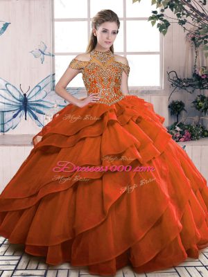 High-neck Sleeveless 15 Quinceanera Dress Floor Length Beading and Ruffled Layers Orange Organza