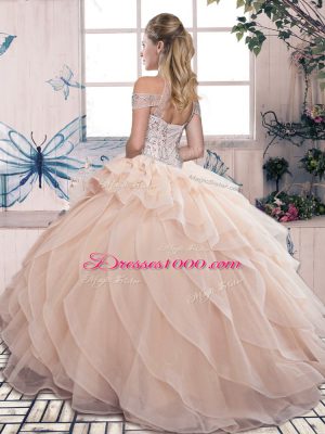 High-neck Sleeveless 15 Quinceanera Dress Floor Length Beading and Ruffled Layers Orange Organza