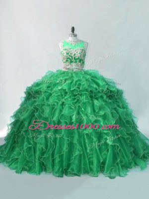 Captivating Sleeveless Beading and Ruffles Quinceanera Dresses with Green Brush Train