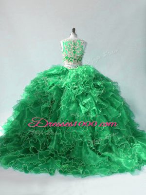 Captivating Sleeveless Beading and Ruffles Quinceanera Dresses with Green Brush Train