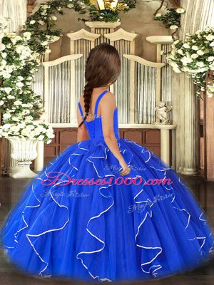 Straps Sleeveless Little Girls Pageant Dress Floor Length Ruffles Fuchsia Tulle