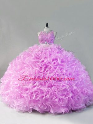 Scoop Sleeveless Sweet 16 Dress Floor Length Beading and Ruffles Lilac Fabric With Rolling Flowers