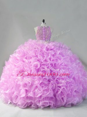 Scoop Sleeveless Sweet 16 Dress Floor Length Beading and Ruffles Lilac Fabric With Rolling Flowers