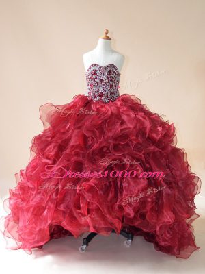 Wine Red Organza Lace Up Sweetheart Sleeveless Pageant Dresses Brush Train Beading and Ruffles