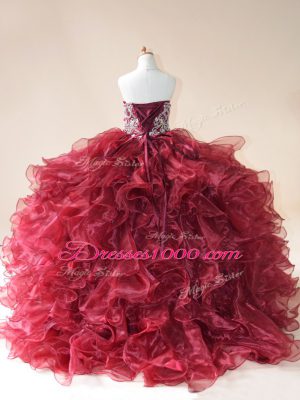 Wine Red Organza Lace Up Sweetheart Sleeveless Pageant Dresses Brush Train Beading and Ruffles