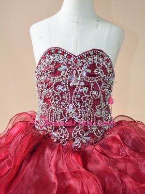 Wine Red Organza Lace Up Sweetheart Sleeveless Pageant Dresses Brush Train Beading and Ruffles