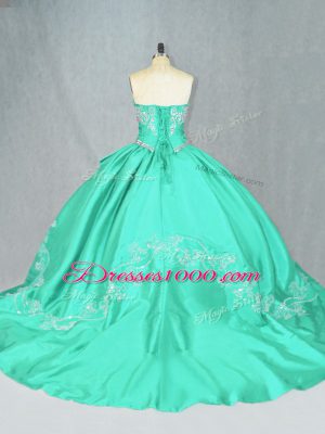 Sweetheart Sleeveless Satin Ball Gown Prom Dress Embroidery Court Train Lace Up