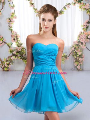 Fantastic Aqua Blue Chiffon Lace Up Sweetheart Sleeveless Mini Length Bridesmaid Dresses Ruching