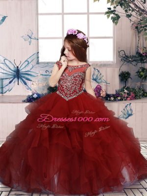 High End Red Little Girls Pageant Dress Party and Sweet 16 and Wedding Party with Beading and Ruffles Scoop Sleeveless Lace Up