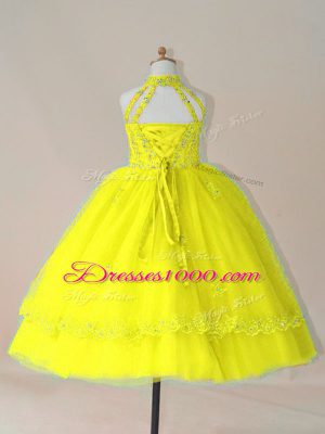 Beading and Appliques Teens Party Dress Yellow Lace Up Sleeveless Floor Length