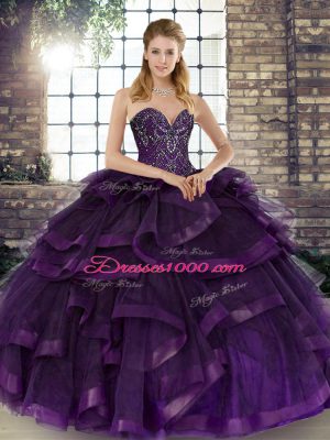 Super Tulle Sweetheart Sleeveless Lace Up Beading and Ruffles Sweet 16 Dress in Purple