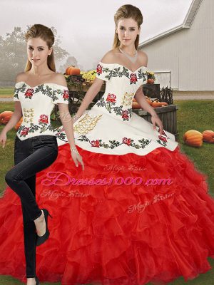 Two Pieces Sweet 16 Dresses White And Red Off The Shoulder Organza Sleeveless Floor Length Lace Up