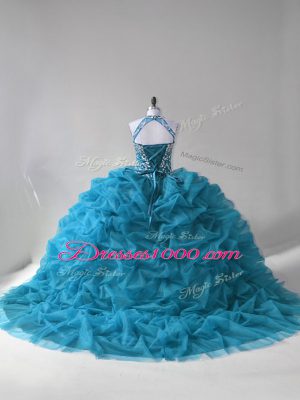 Halter Top Sleeveless Organza Vestidos de Quinceanera Beading and Pick Ups Lace Up