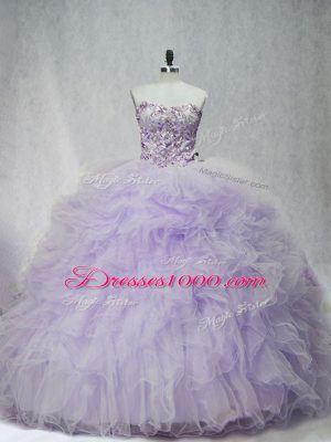 Luxurious Lace Up 15th Birthday Dress Lavender for Sweet 16 and Quinceanera with Ruffles Brush Train