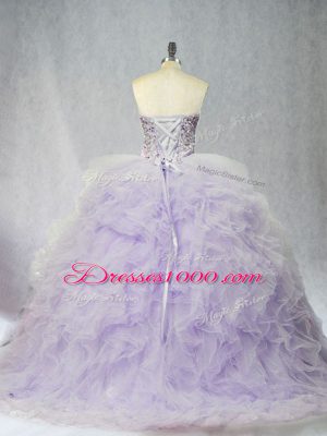 Luxurious Lace Up 15th Birthday Dress Lavender for Sweet 16 and Quinceanera with Ruffles Brush Train