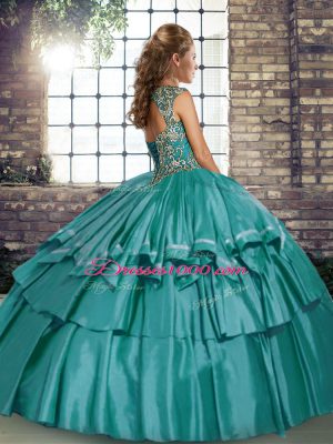 Teal Lace Up Straps Beading and Ruffled Layers 15 Quinceanera Dress Taffeta Sleeveless