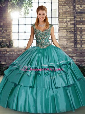 Teal Lace Up Straps Beading and Ruffled Layers 15 Quinceanera Dress Taffeta Sleeveless