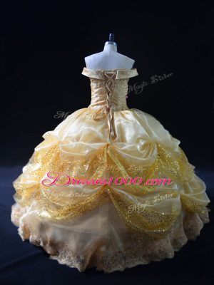 Nice Organza Off The Shoulder Sleeveless Lace Up Beading and Pick Ups Ball Gown Prom Dress in Gold