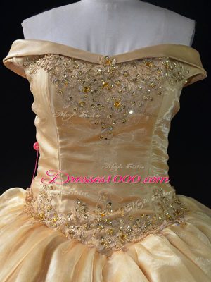 Nice Organza Off The Shoulder Sleeveless Lace Up Beading and Pick Ups Ball Gown Prom Dress in Gold