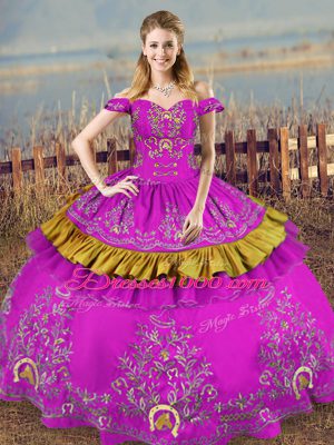 Purple Ball Gowns Off The Shoulder Sleeveless Organza Floor Length Lace Up Embroidery Quince Ball Gowns