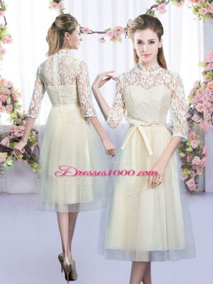 Great Tea Length Empire Half Sleeves Champagne Dama Dress for Quinceanera Zipper